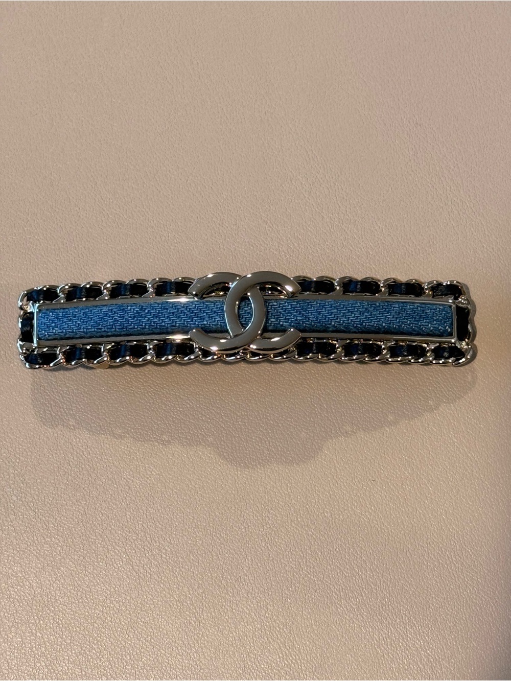 Chanel Metal Denim CC Hair Clip Barrette Blue Gold